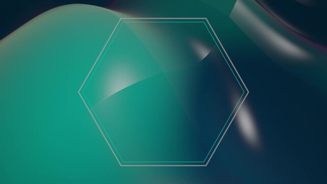 Abstract emerald green glossy fluid background with rotating geometric hexagon frame