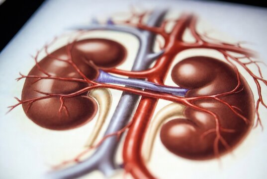 It depicts a medical illustration of human kidneys and their associated blood vessels.