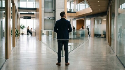 Obraz premium Businessman in navy blazer standing in modern office atrium with glass balustrade and natural light