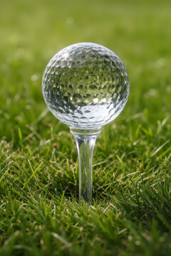 Clear glass golf ball perched on a tee in green grass with a blurred grassy background and soft natural light.