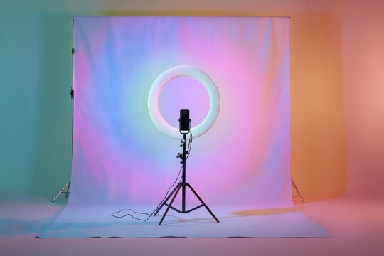 Colorful photography studio setup with backdrop and ring light