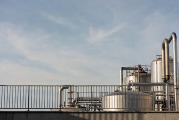 Obraz premium Industrial facility with pipes, tanks, and a railing against a cloudy sky.