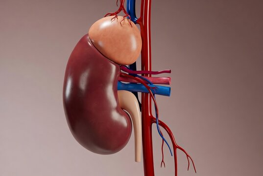 A human kidney is depicted, with blood vessels supplying and draining the organ.