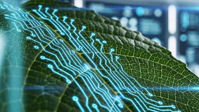 "Futuristic green leaf with glowing digital circuits and renewable energy icons, sustainable technology and clean energy concept."