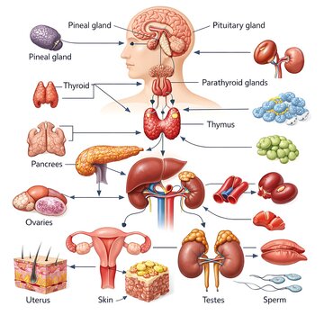 Human Endocrine System Anatomy Infographic with Glands and Organs Labels