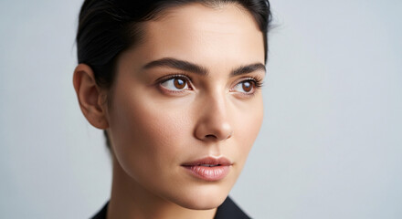 Naklejka premium Close-up studio portrait of a thoughtful young woman with short dark hair, featuring her natural beauty, clear skin, and intense gaze, embodying modern elegance and a serene presence
