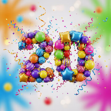 Angka 20 berbentuk balon warna-warni dengan hiasan konfeti dan pita yang ceria