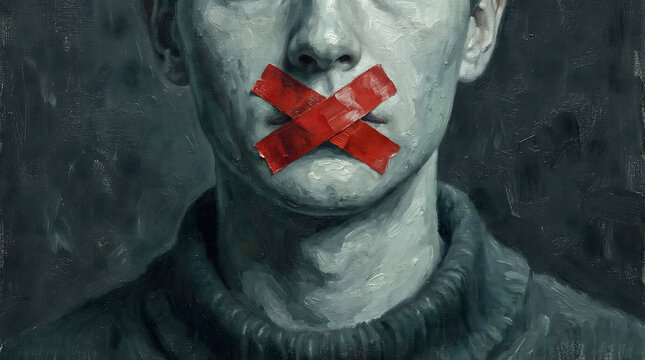 Man with Mouth Sealed by Red Tape, Symbolizing Silence and Suppression