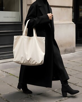 Fashionable Woman Carrying Canvas Tote Bag on Paris City Street Mockup