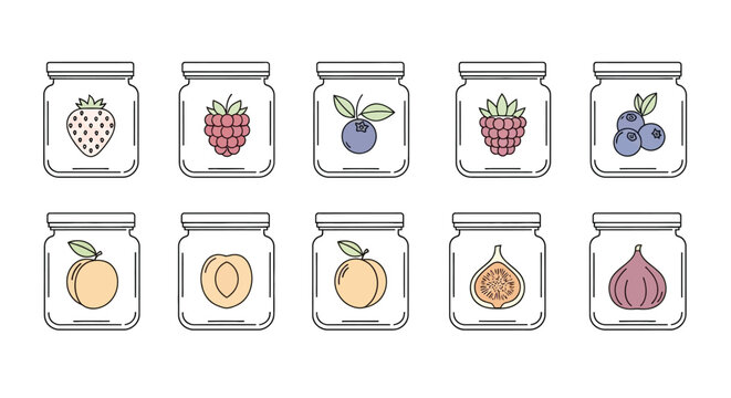 Colorful illustration of jars filled with various fruits including berries and stone fruits