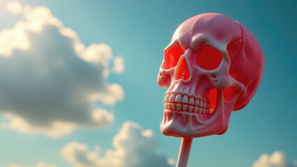 A colorful candy skull perched on top of a cloud, perfect for whimsical or playful illustrations