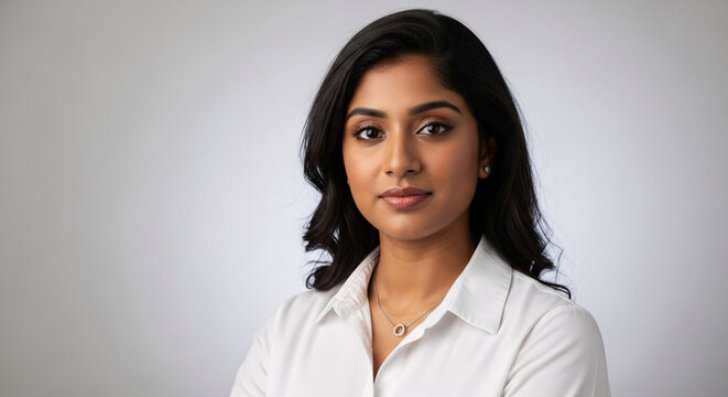 Professional Portrait of a Young Woman with Dark Hair and Brown Eyes, Looking Confidently at the Camera