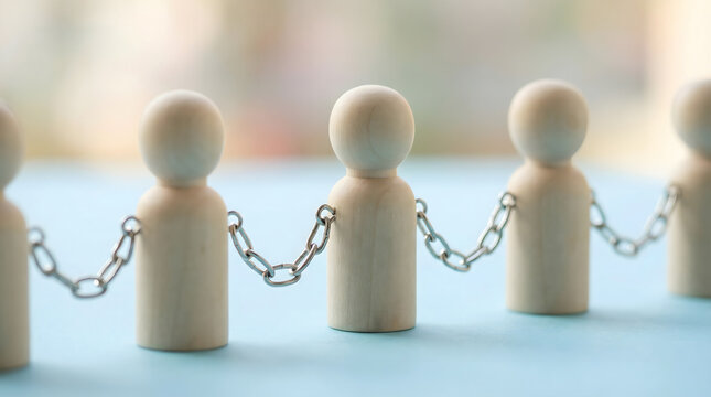 Wooden figures linked by chains symbolize unity, teamwork, and connection