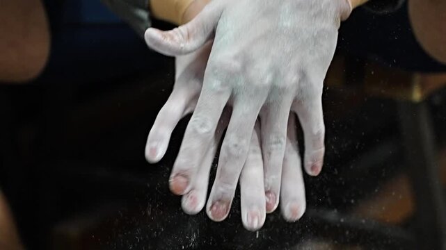 Athlete clapping chalked hands together creating a white powder cloud in a gym, strength training preparation, powerful sport moment.