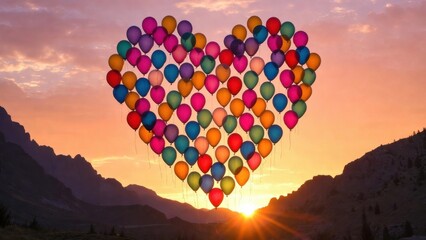 Fototapeta premium Cluster of balloons forming heart shape over valley at sunset