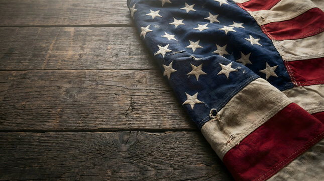 Worn American Flag on Rustic Wooden Table - Vintage Patriotism