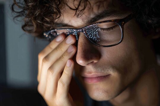 Young caucasian male wearing glasses having eye strain while using a computer