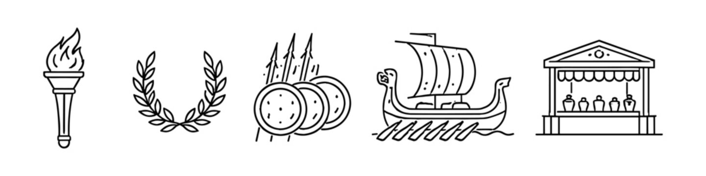 Ancient Greek symbols including a torch, laurel wreath, shields, ship, and temple