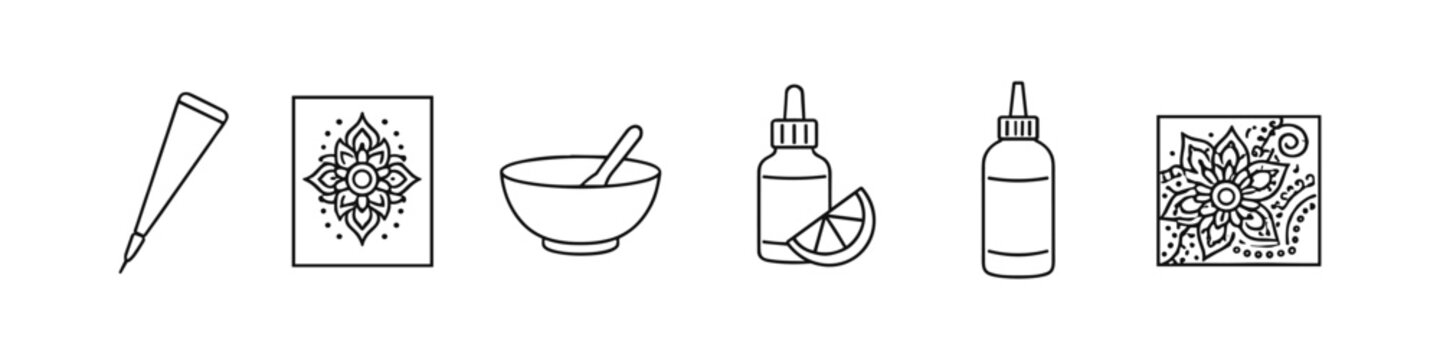 Collection of icons representing henna tattoo application and ingredients