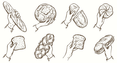 Obraz premium Vintage Hand Drawn Illustration Set of Hands Holding Various Breads and Bakery.