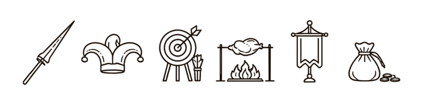 Medieval icons: jester hat, spear, target, roast chicken, banner, and money bag
