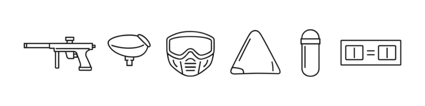 Collection of paintball equipment icons including marker, hopper, mask, and score display