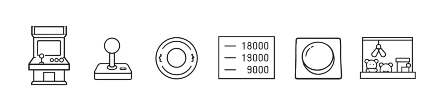 Collection of retro arcade game icons and elements for gaming