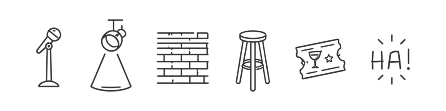 Comedy club icons including microphone, spotlight, brick wall, stool, ticket, and laughter