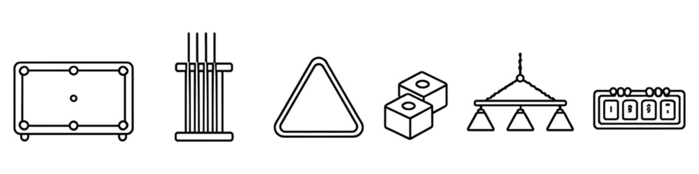 Collection of billiard game icons including table, cues, rack, dice, chandelier, and scoreboard