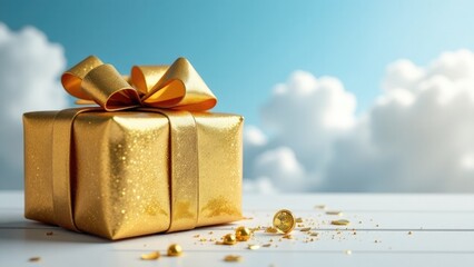 A beautifully wrapped gold gift box with a red bow, perfect for special occasions and celebrations