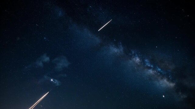 A dark starry night sky featuring the Milky Way galaxy arching across the frame with multiple bright shooting stars or meteors streaking through the upper atmosphere.