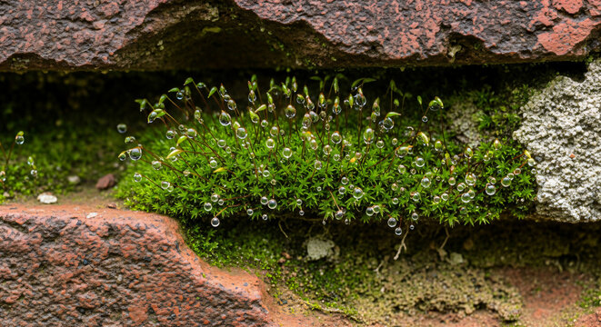 Dewy Emerald Moss and Water Droplets on Rustic Brick Wall Macro