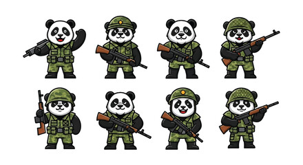 Cartoon pandas in military uniforms with weapons arrayed on white background © Remb