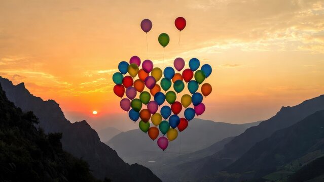 Colorful heart cluster of balloons drifting above mountain valley