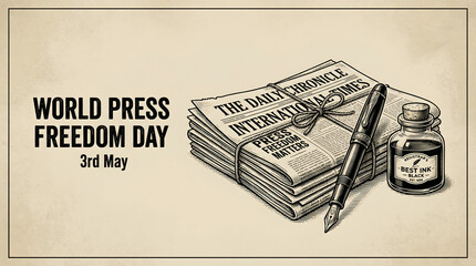 Naklejka premium World Press Freedom Day: Newspapers, Pen, and Inkwell - Freedom of Speech Concept