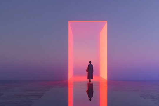 Silhouette of a female against a glowing portal in a surreal purple landscape