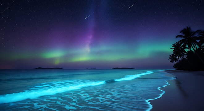 Enchanting Tropical Beach at Night with Bioluminescent Waves Under a Vibrant Aurora Borealis and Starry Sky with Palm Tree Silhouettes.