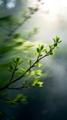 Fototapeta premium Fresh Green Sprouts on a Branch in Sunlight