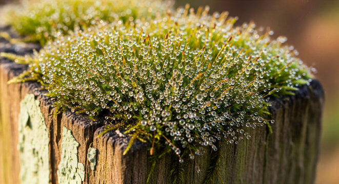 Golden Dew Drops on Vibrant Green Moss on Weathered Wood Post
