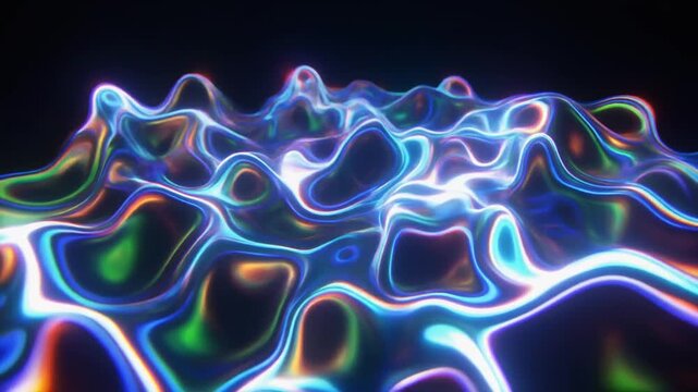Abstract 3D render of iridescent fluid waves with metallic texture, featuring neon blue, cyan, and purple highlights over a dark background with shifting organic forms and glows.