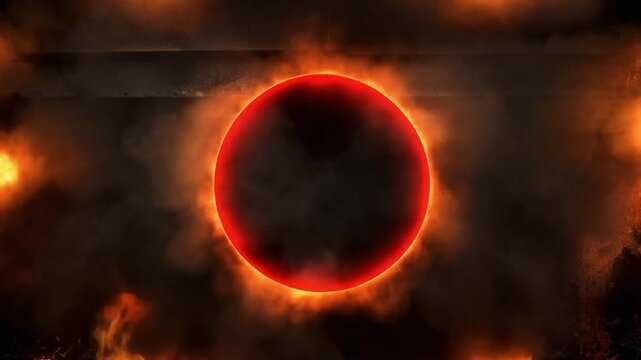 Glowing red ring with a black center surrounded by thick swirling smoke and orange fire flames against a dark industrial background with textured metal panels above.