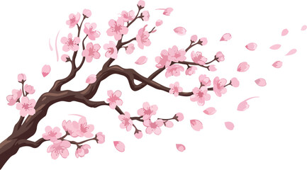 Fototapeta premium Cherry Blossom Sakura Branch with Delicate Pink Petals Drifting and Blowing Through the Wind Symbolic of Spring Renewal Beauty and the Transient Nature of Life