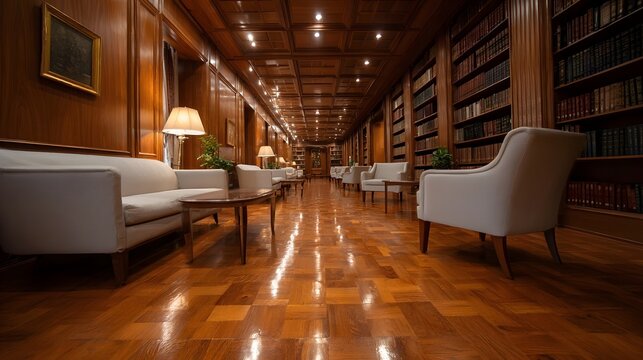 Luxurious library corridor with classic wood paneling bookshelves and seating