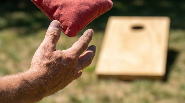 Cornhole Throw Action Close-Up &mdash; Hand Releasing Bean Bag Outdoor Game