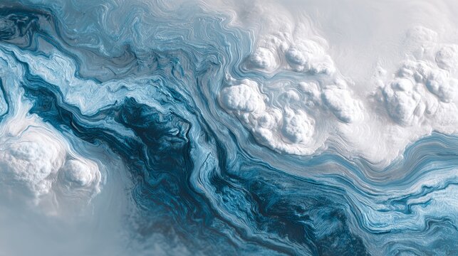 A stunning aerial view of swirling clouds and ocean currents in shades of blue and white