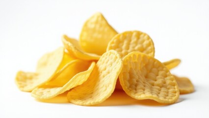 A stack of crispy potato chips on a white background, perfect for food photography or illustration