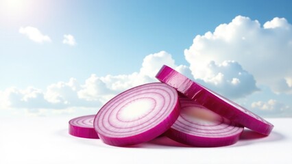 Freshly sliced red onions arranged on a table for use in various recipes or as a garnish