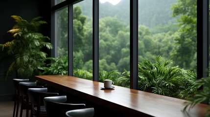 Fototapeta premium Modern minimalist cafe interior with panoramic forest view through large and a coffee cup on a wooden counter
