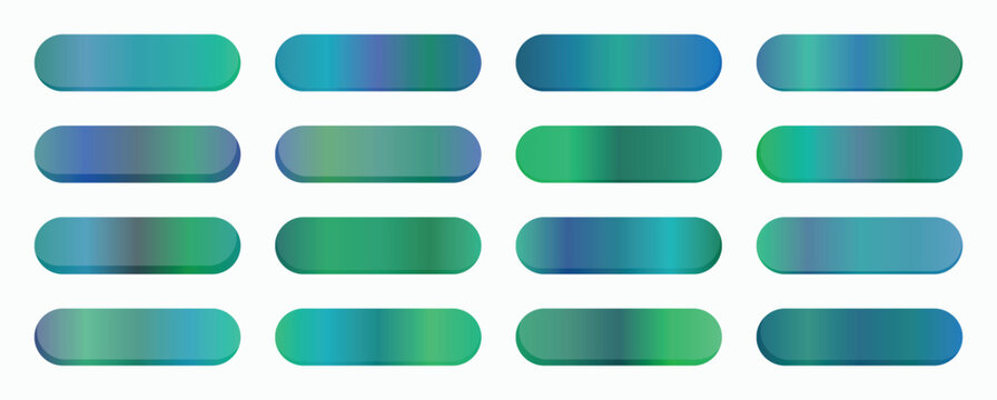 A grid of sixteen distinct gradient buttons presents a cool spectrum of blues and greens, ideal for web design and modern graphic elements.