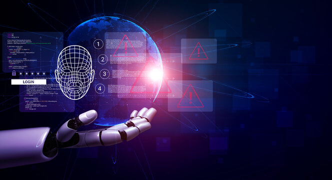 This image illustrates a futuristic concept of artificial intelligence with a robotic hand and face recognition technology, emphasizing digital security and innovation in a vibrant setting. Ledger